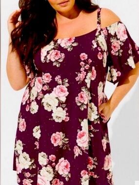 NWT Torrid Plum Floral Cold-Shoulder Mini Trapeze Dress